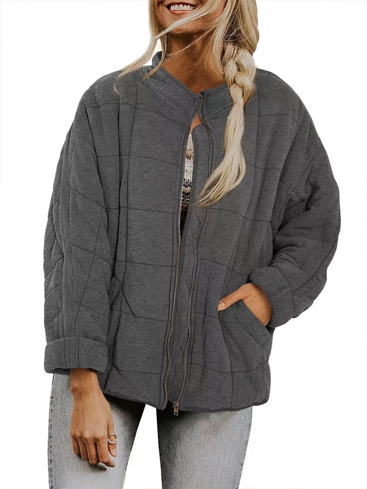 Winter Zip-up Stand Collar Coat for Women | Stylish Plaid Jacket - ZA-Zola