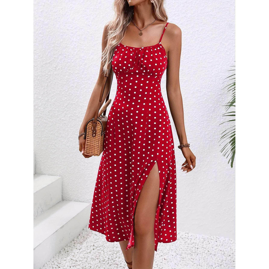 Polka Dot Print Suspender Dress - Summer Slit Style - ZA-Zola