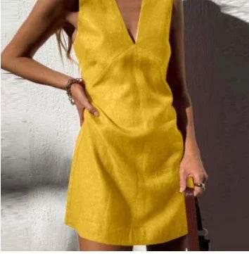 Women's V-Neck Cotton Linen Sleeveless Dress | ZA-Zola - ZA-Zola