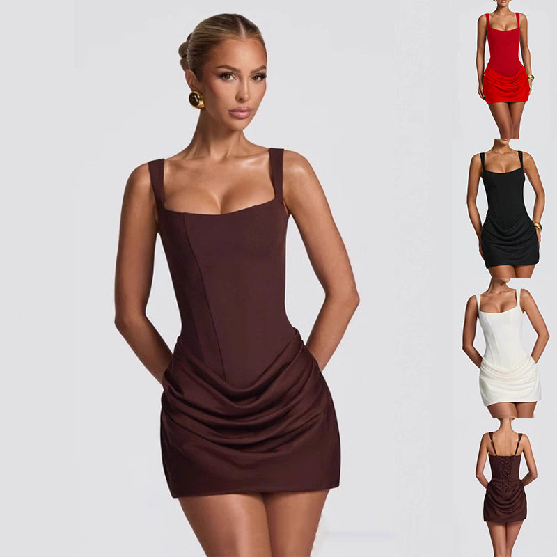 Woman wearing a brown dress with smaller images of the same dress in different colors on a gray background.