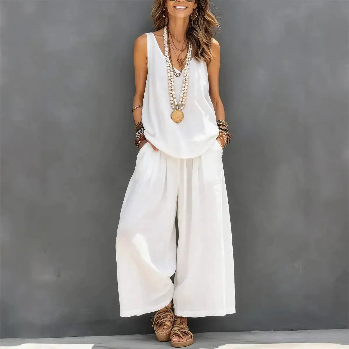 Cotton Linen Sleeveless Casual Set | Holiday Wear