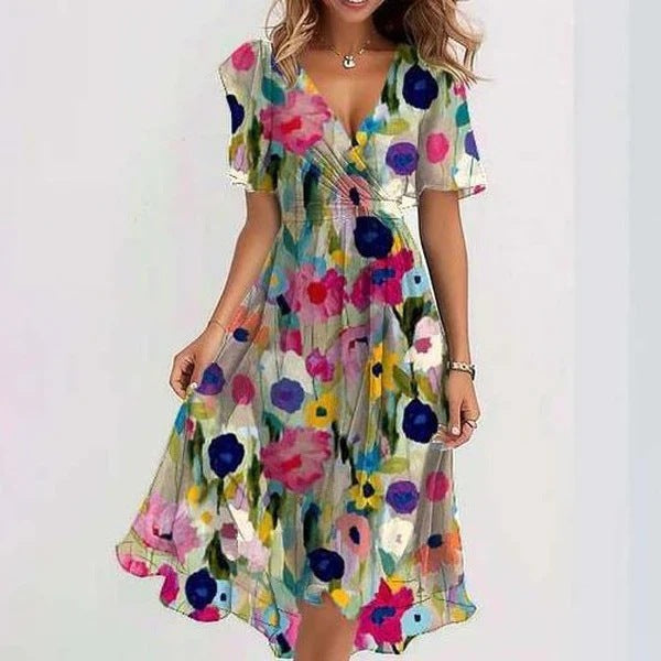 Chiffon Printed Short Sleeve V-Neck Summer Dress Elegant Women’s Midi Dress