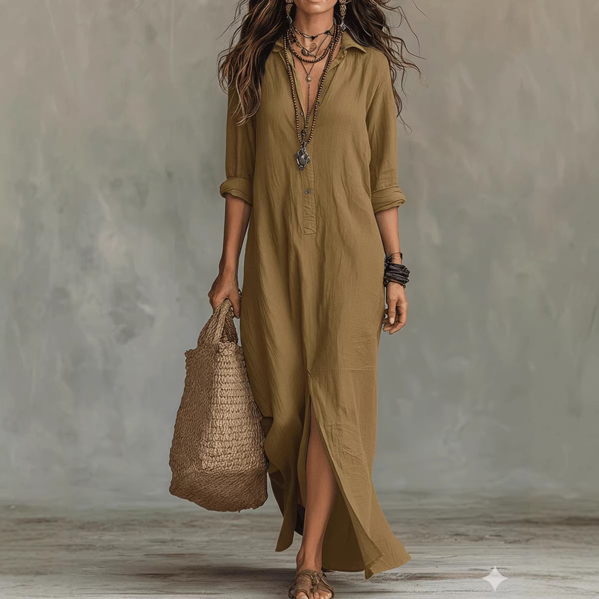 Woman wearing a long olive green dress holding a woven bag against a gray background