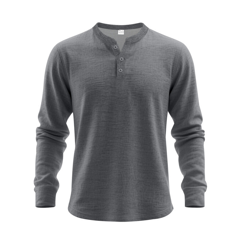 Gray long-sleeve henley shirt on a white background