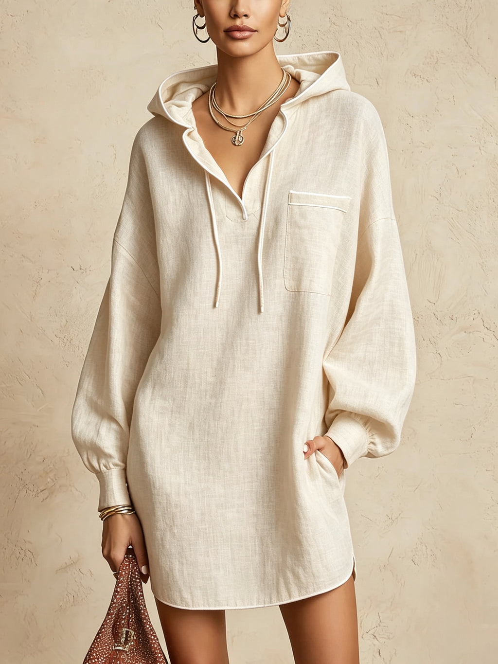 A woman models an oversized cream-colored linen hooded shirt dress with a chest pocket, set against a textured beige background.