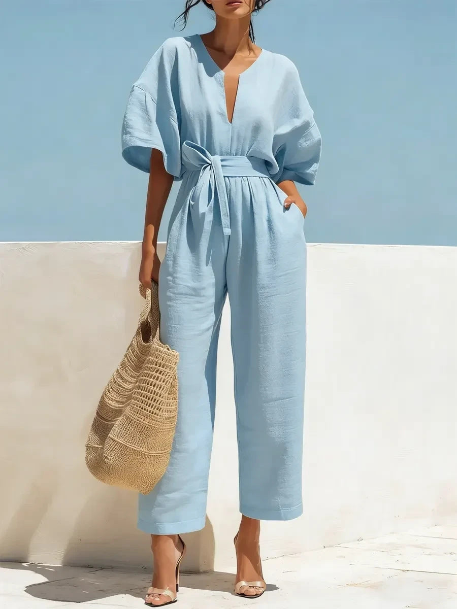 Fashionable V-Neck Cotton Linen Jumpsuit for Women – Solid Color Wide Leg