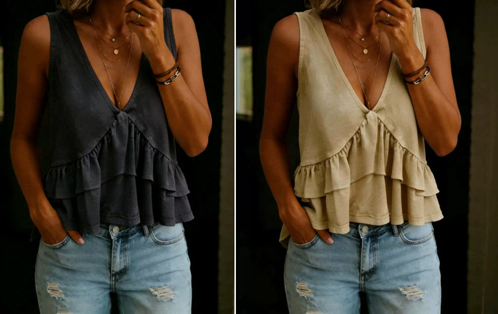 Two images of a person wearing a layered tank top and jeans, one in black and the other in beige.