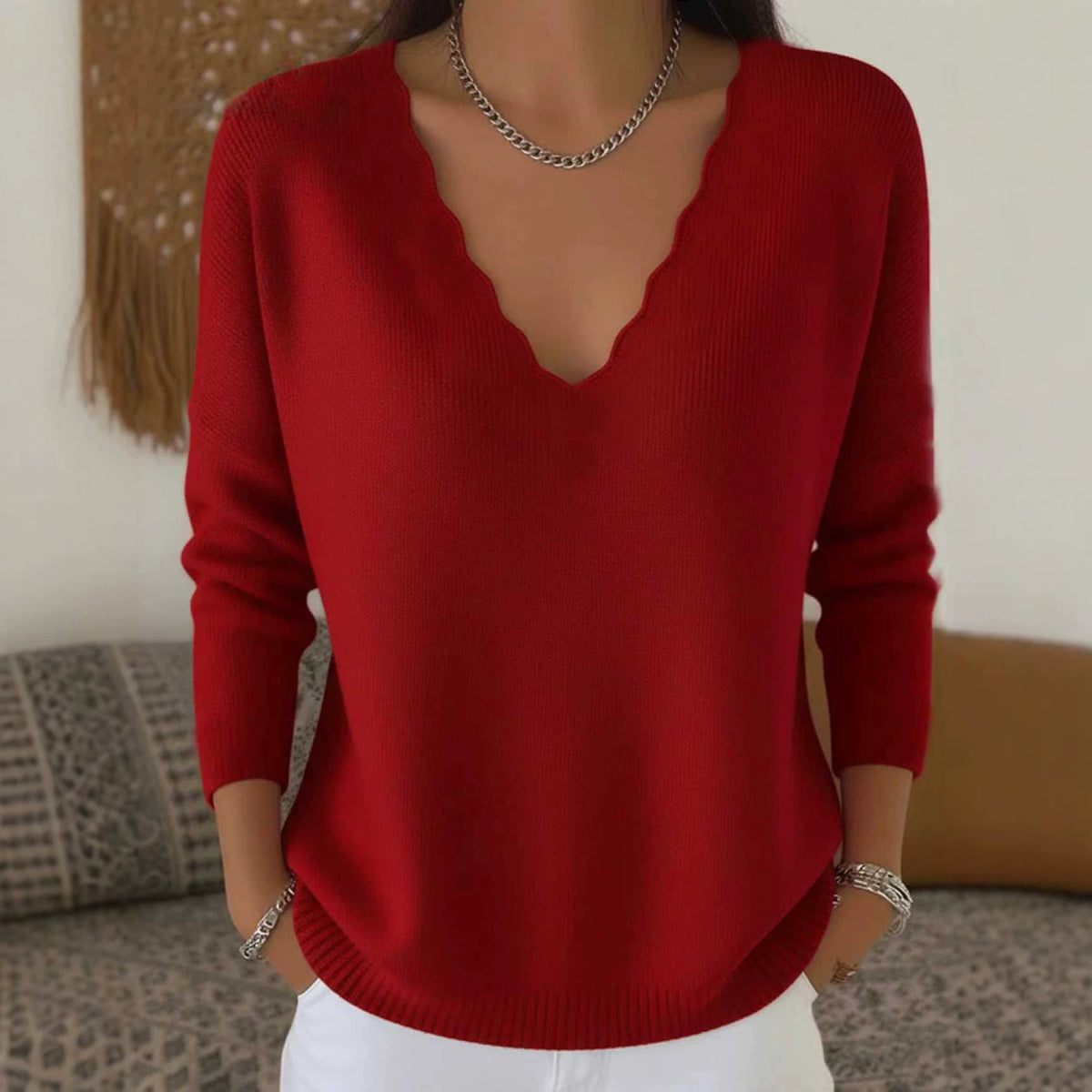 Women’s V Neck Knit Sweater | Loose Knit Pullover