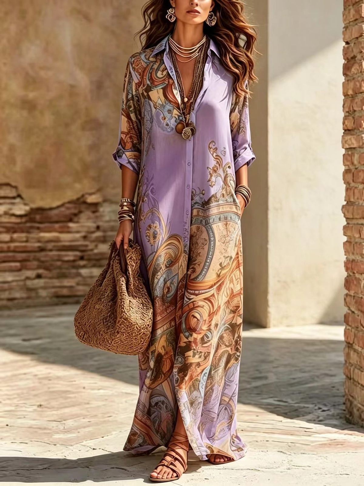 A woman models a long-sleeve, button-front maxi shirt dress with a lavender base and a detailed paisley and scroll pattern in orange, brown, and gold. She is holding a woven straw tote bag and wearing layered gold necklaces and bracelets, standing in an outdoor setting with rustic brick and plaster walls.