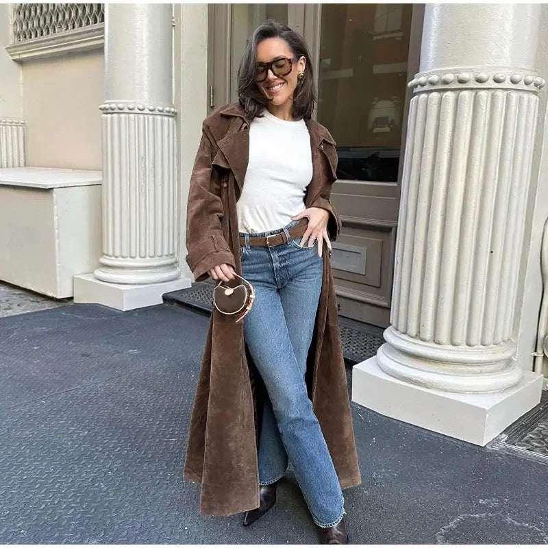 Double Breasted Suede Coat Women – Vintage Belted Long Winter Coat - ZA-Zola