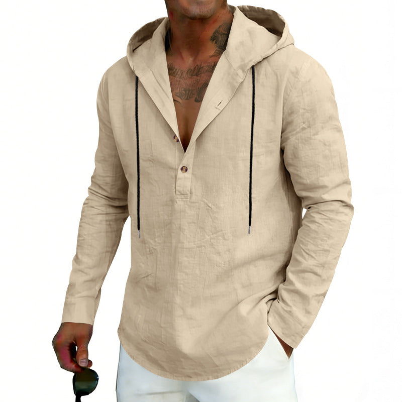 Beige hoodie worn by a person on a white background