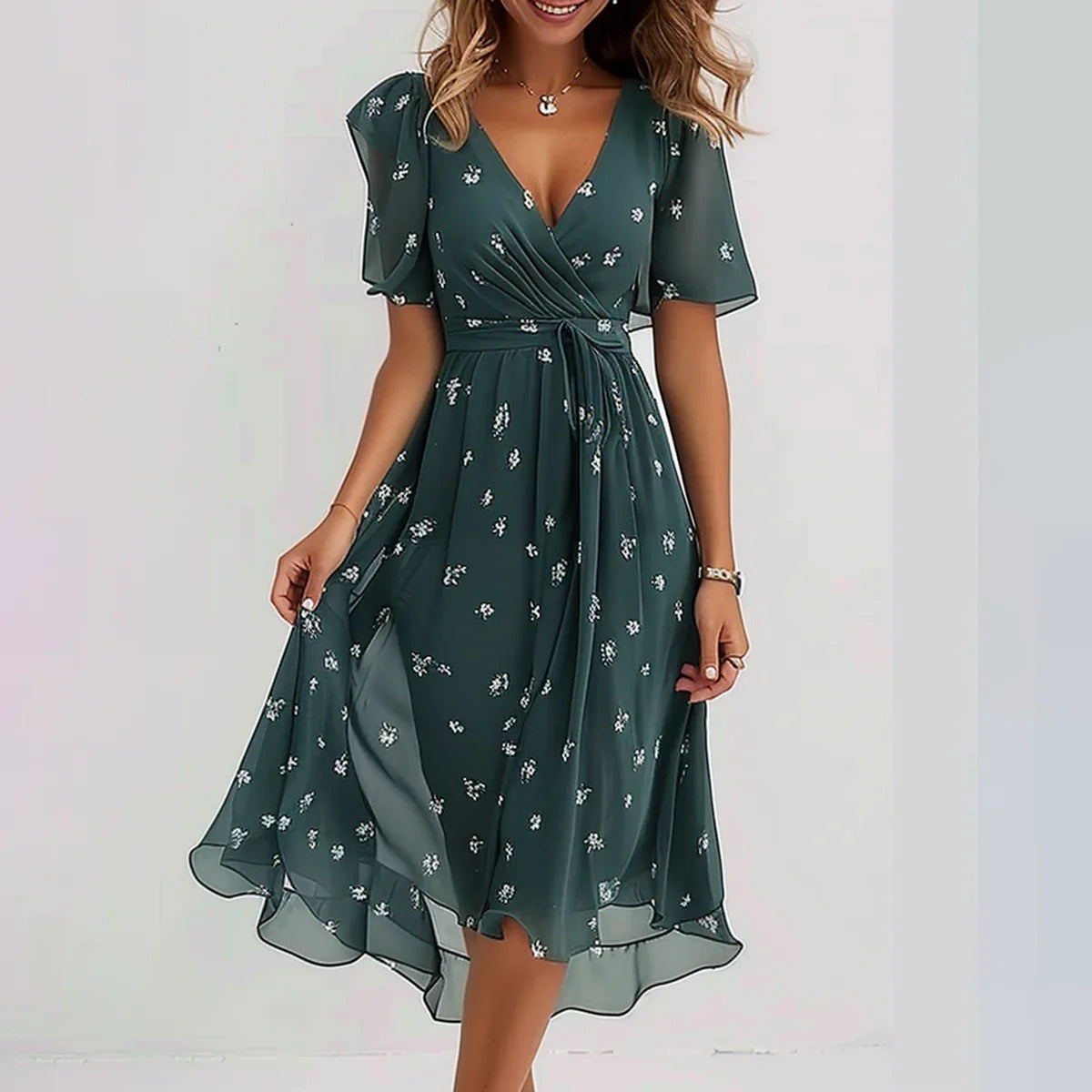 Chiffon Printed Short Sleeve V-Neck Summer Dress Elegant Women’s Midi Dress