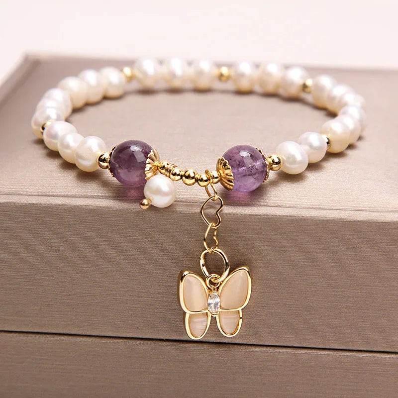 Freshwater Pearl & Strawberry Quartz Butterfly Bracelet - ZA-Zola