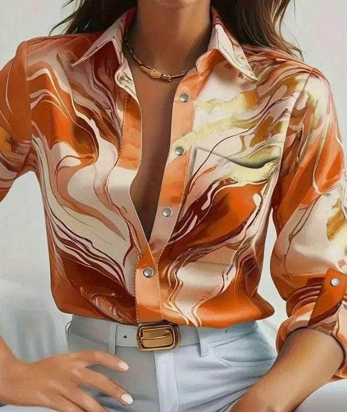 3D Pattern Lapel Button Shirt for Women - ZA-Zola