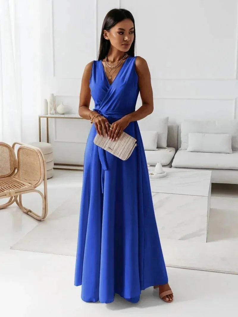 Elegant V-Neck Solid Color Formal Dress – Chic & Classy - ZA-Zola