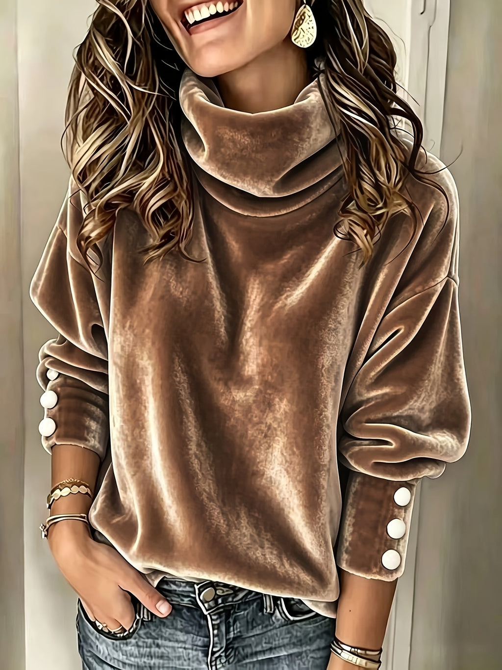 A woman wearing a brown velvet turtleneck sweater with button details on the sleeves, paired with blue jeans.