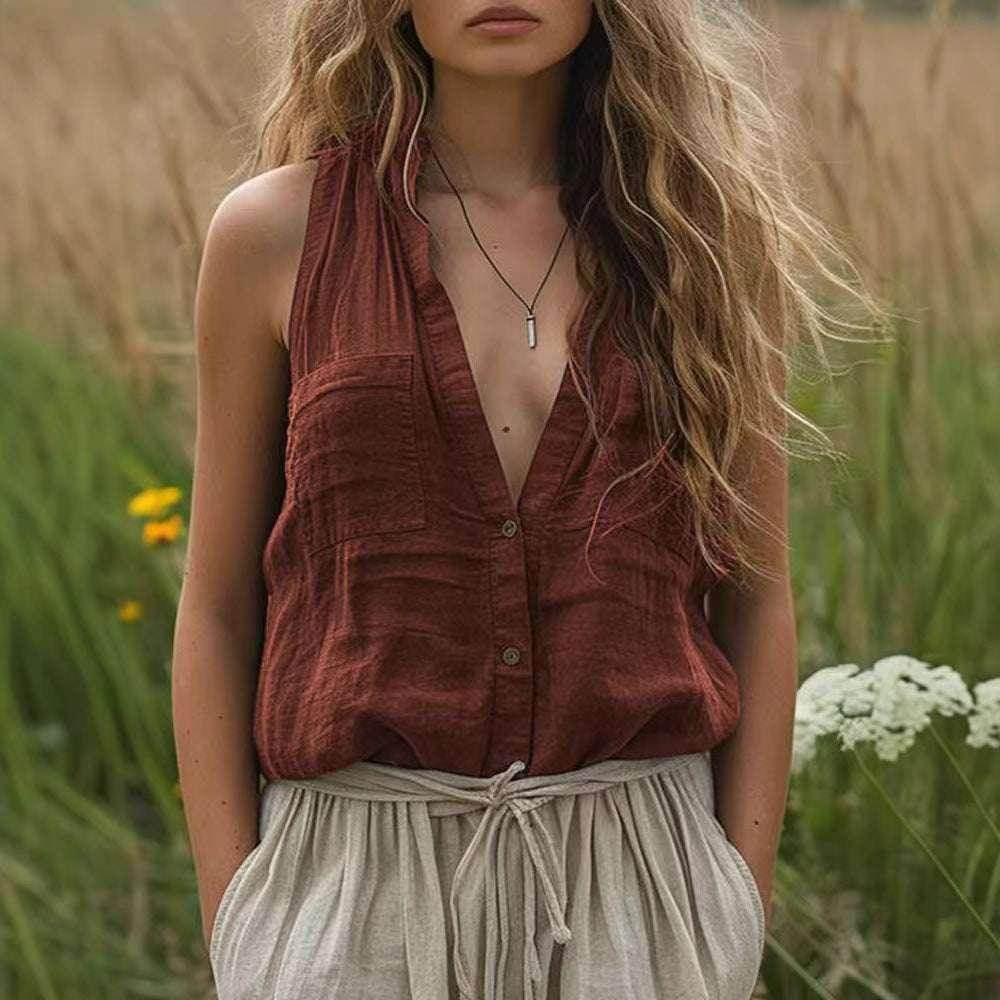 Loose Cotton Linen V-Neck Vest with Pockets - ZA-Zola
