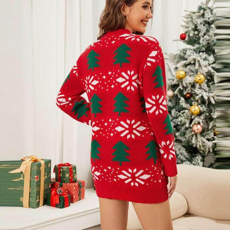 Christmas Red Jacquard Sweater Dress – Festive & Cozy - ZA-Zola