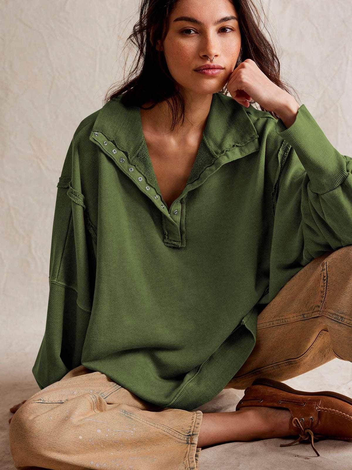 Lapel Button Slit Sweatshirt – Sporty & Stylish - ZA-Zola