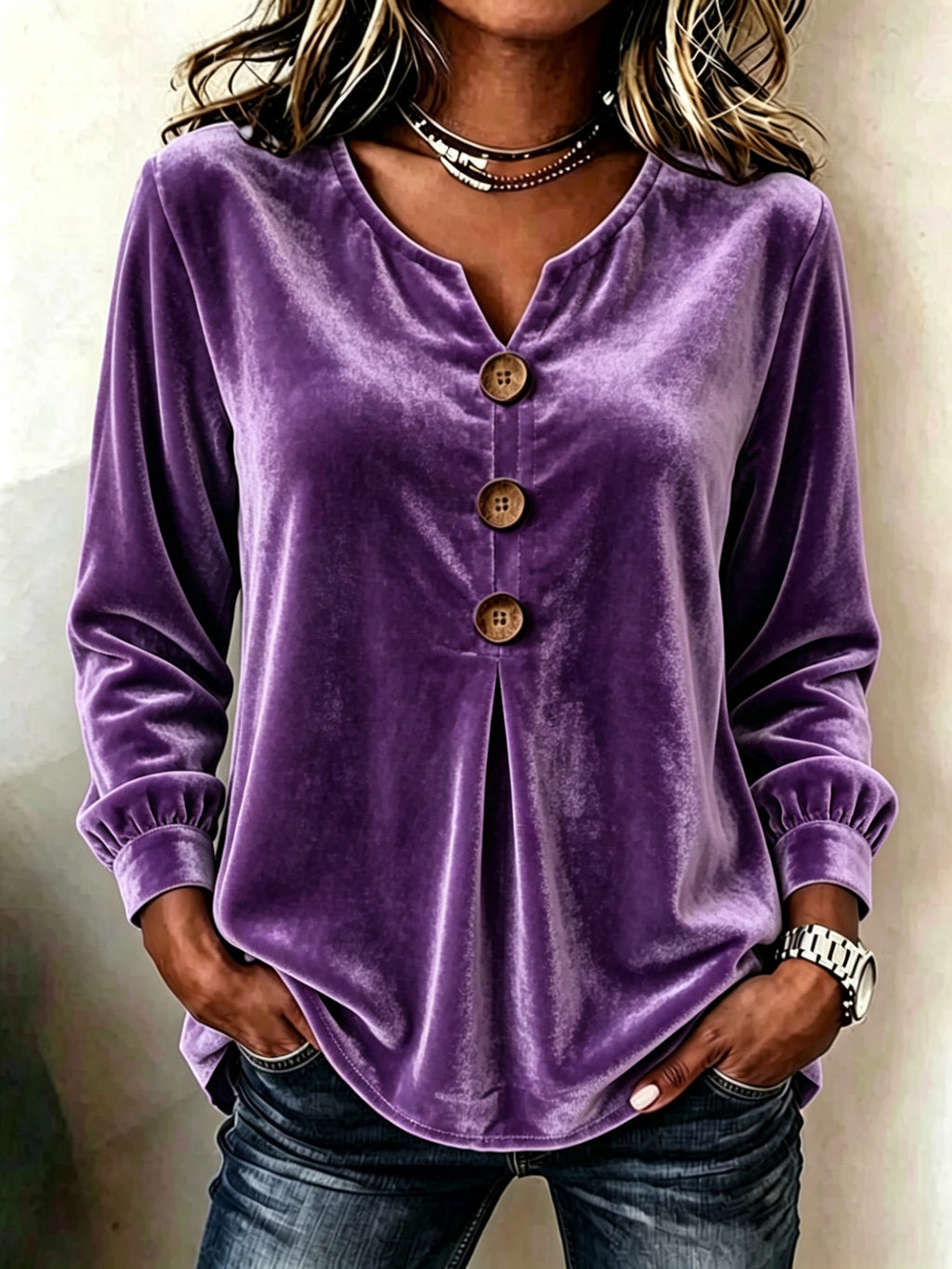 Purple velvet button-up shirt worn by a person against a neutral background