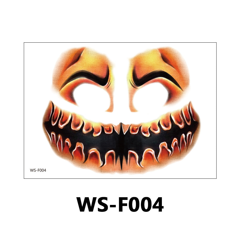 A Halloween-style mask graphic on a white background, showing a wide grin with large hollow eyes and flame-like orange and black teeth details. The text 'WS-F004' appears below the mask.