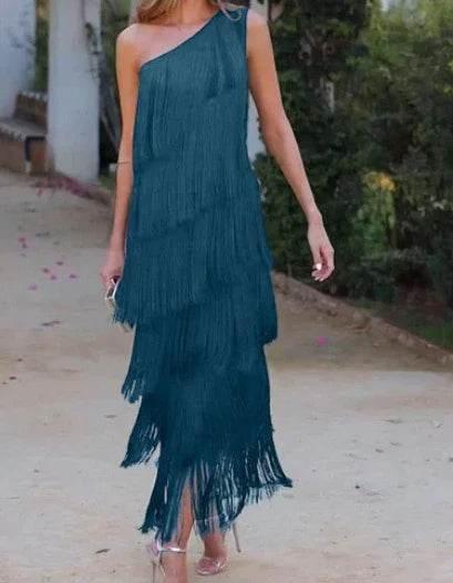 Women's Diagonal Collar Tassel A-Line Dress - ZA-Zola