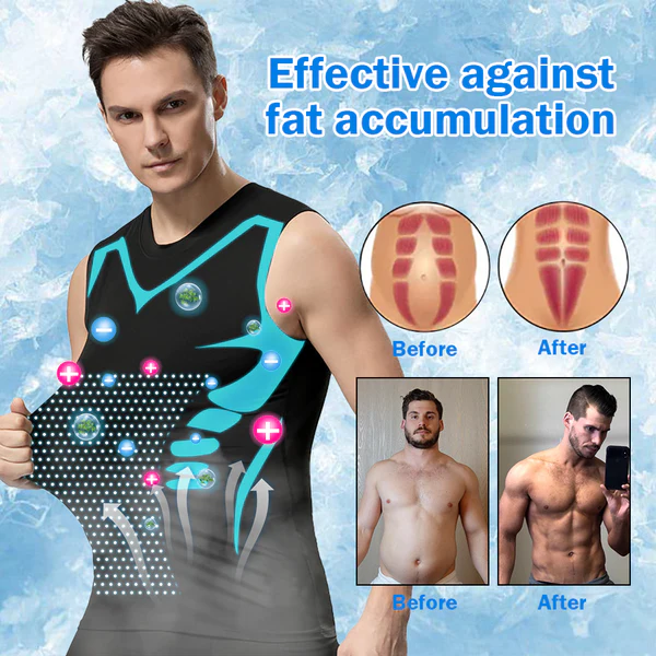 Man wearing a black tank top with blue accents, surrounded by images showing fat reduction before and after using the product.