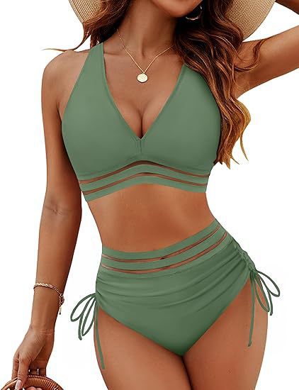 Green bikini set worn by a model on a white background