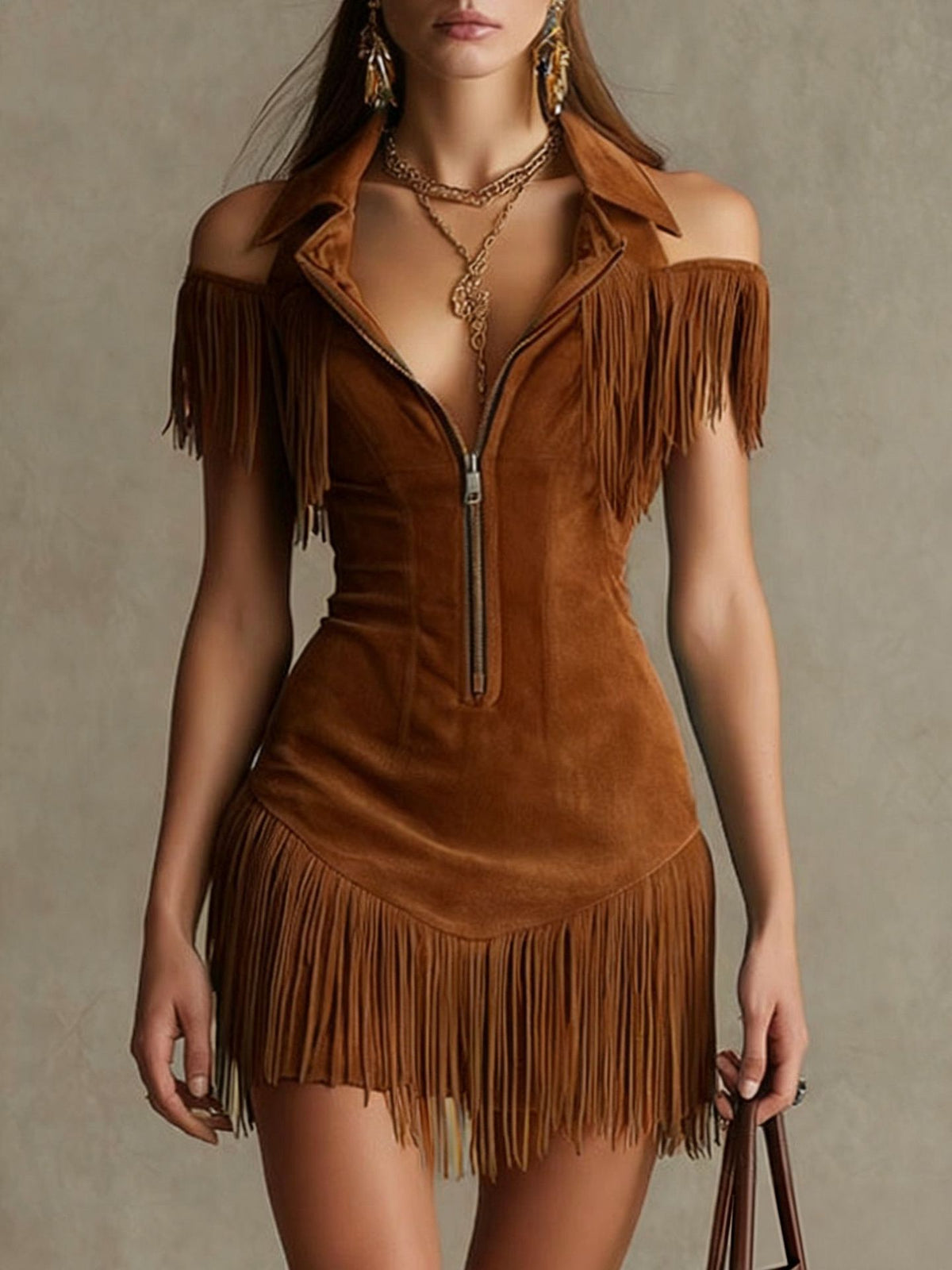 Brown suede dress with fringe details on a neutral background