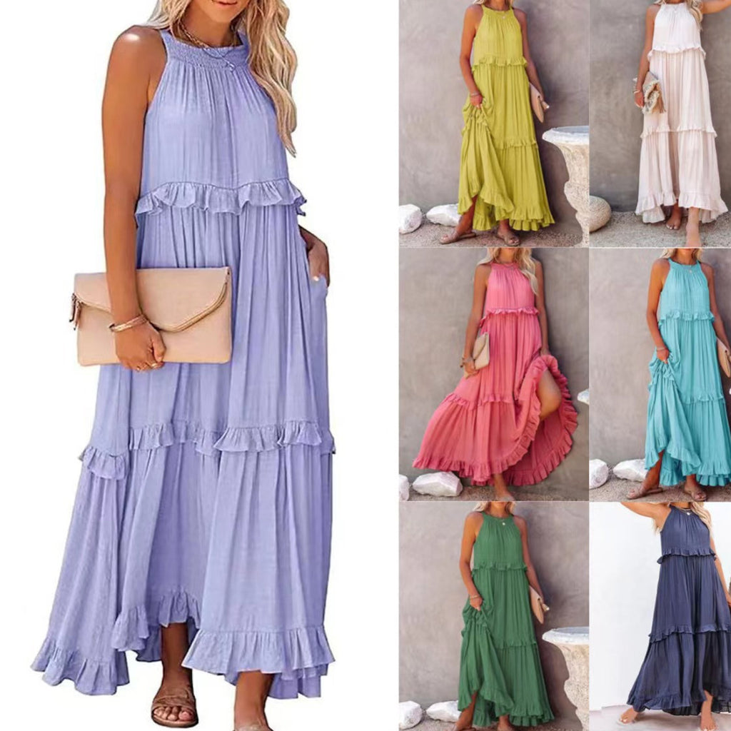 Collage of women wearing long, colorful dresses in various colors.