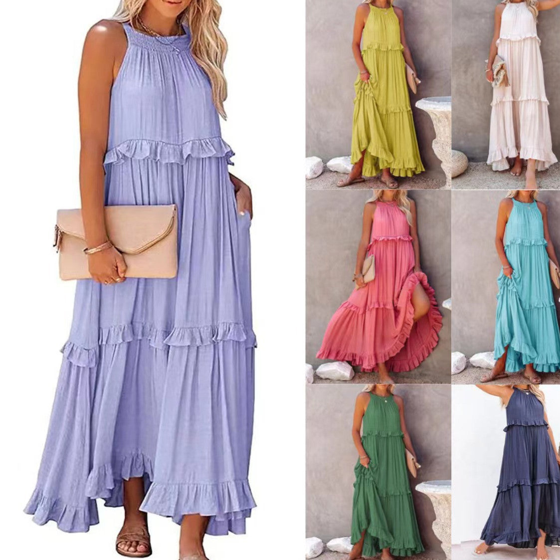 Collage of women wearing long, colorful dresses in various colors.