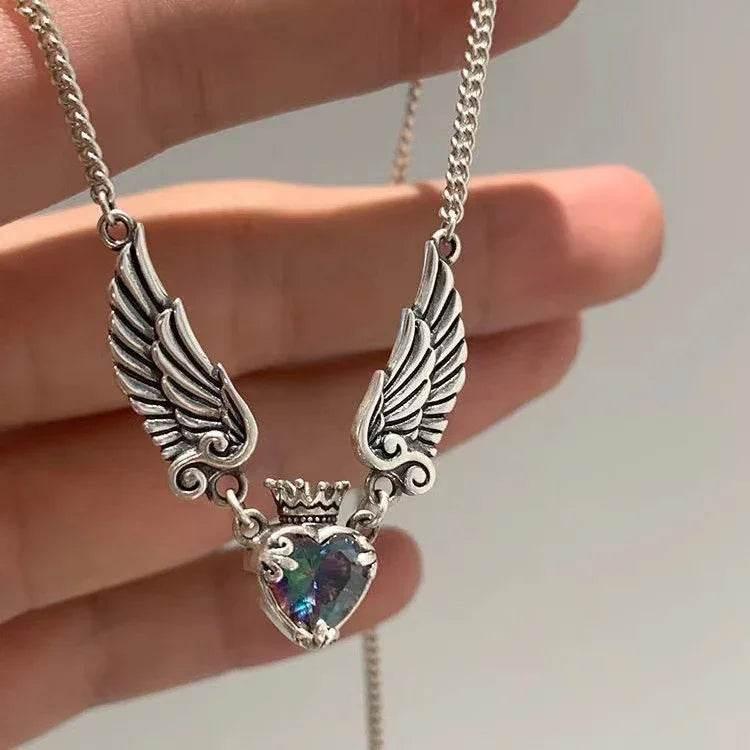Vintage Gothic Heart Crown Necklace for Women – Angel Wings - ZA-Zola