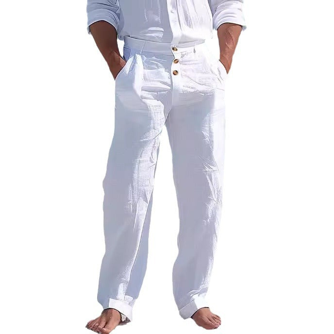 White pants worn by a person on a white background