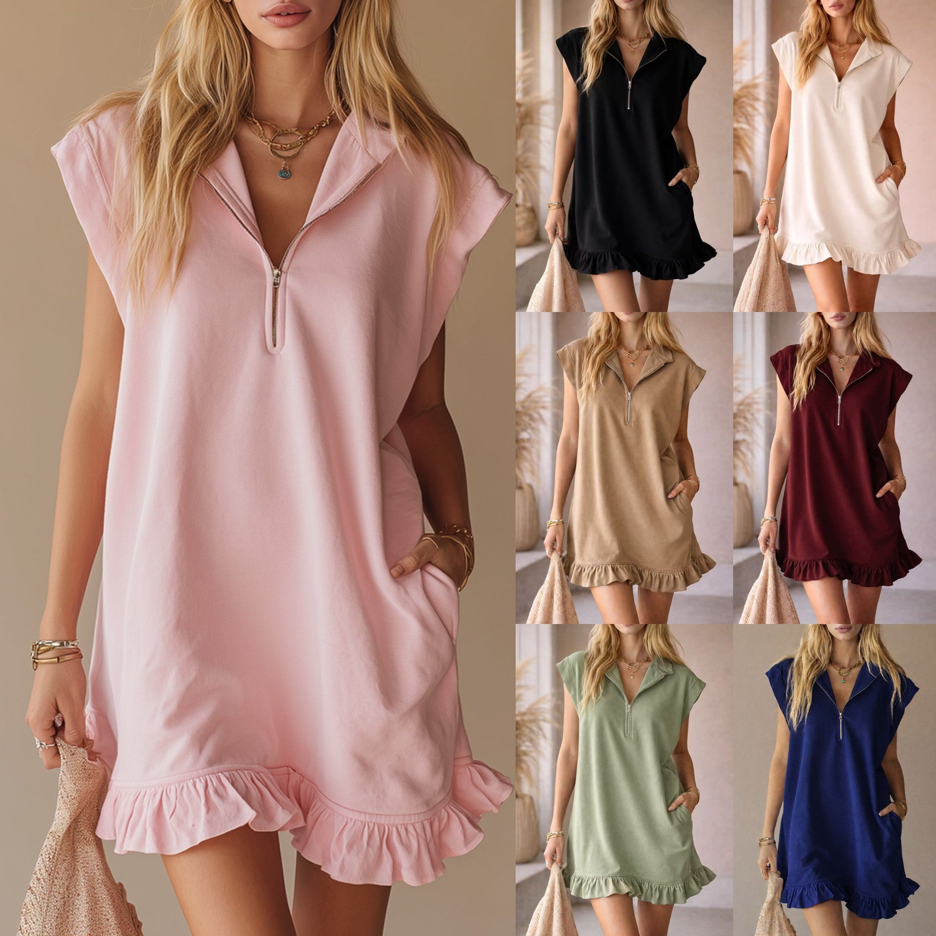 Women’s V-Neck Sleeveless Summer Dress with Pockets
