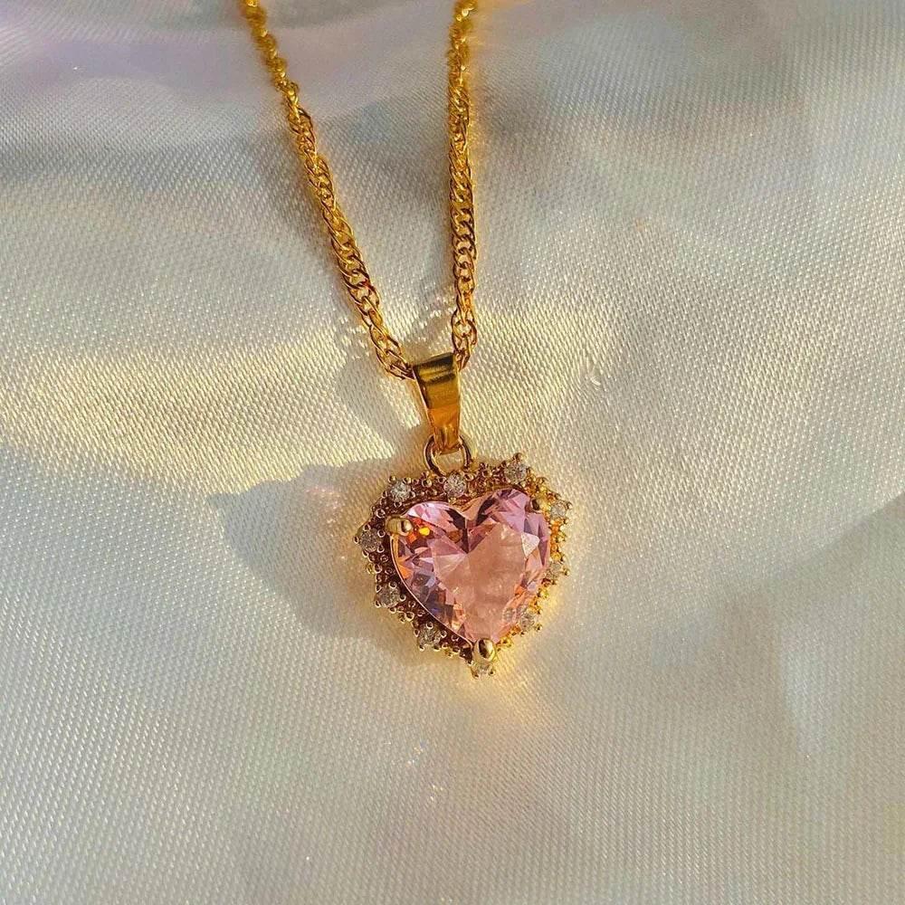 Colorful Rhinestone Heart Necklace - Love Gold Chain | Buy Now! - ZA-Zola