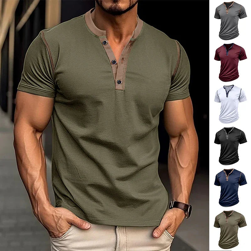 Man wearing a green short-sleeve shirt with a collar, with color options displayed on the right.