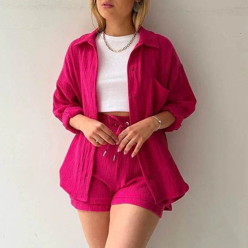 Woman wearing trendy hot pink shirt and shorts set with white crop top, ZA-Zola fashion