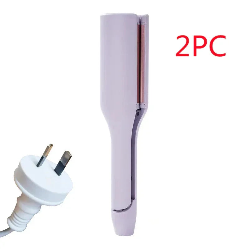 Lavender electric hair straightener with cord and plug, 2-piece set on white background