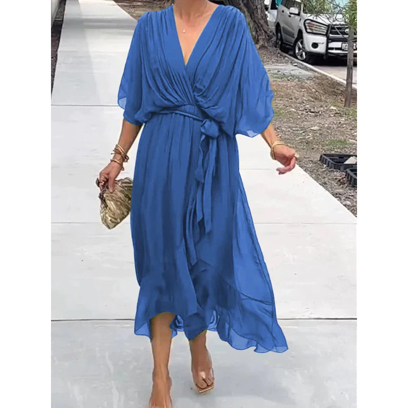 Batwing Sleeve V Neck Irregular Summer Dress Women Pure Color Tied Long Flowing Elegant Casual Womens Clothing
