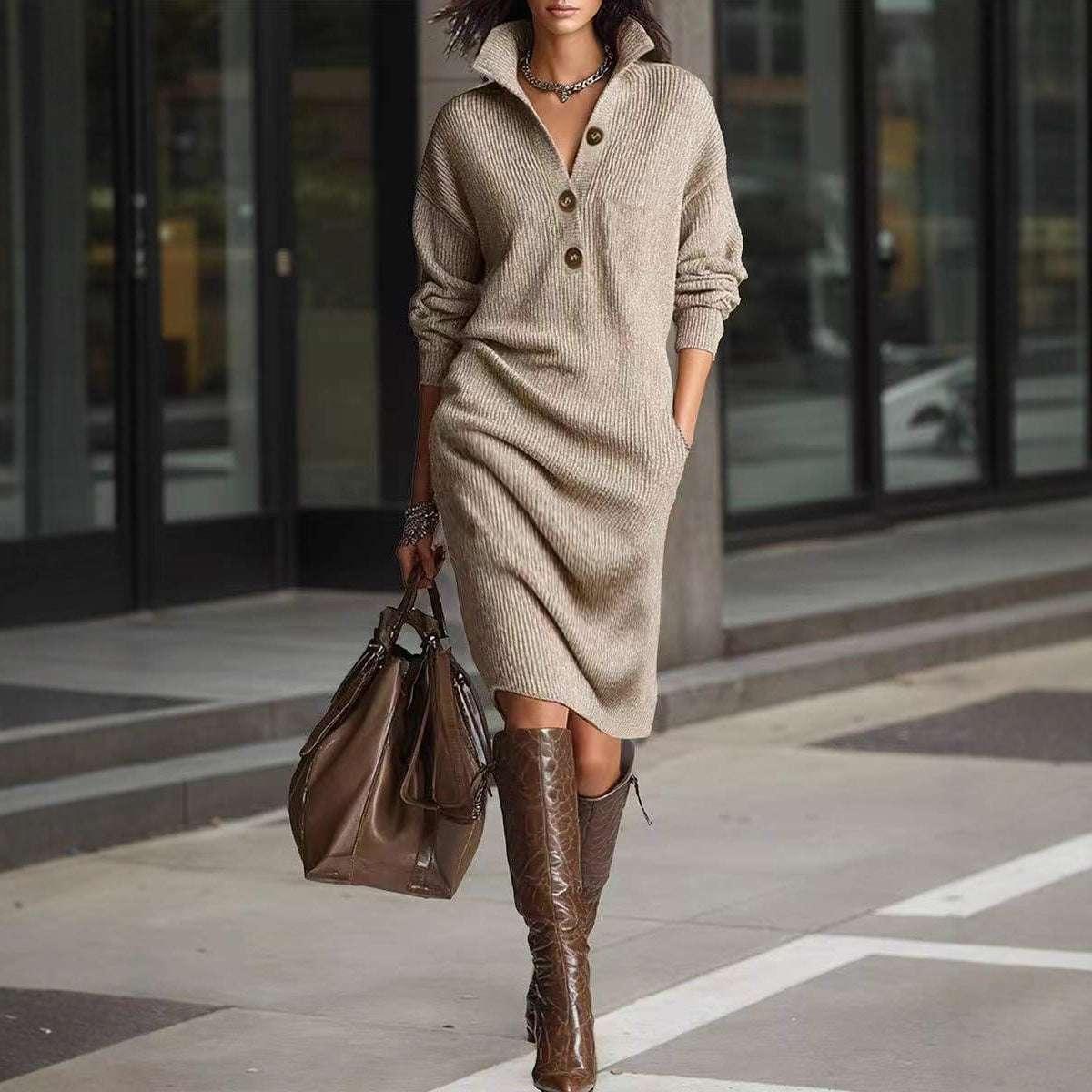 Winter Sweater Dress Women – Warm Long-Sleeve V-Neck Pullover - ZA-Zola