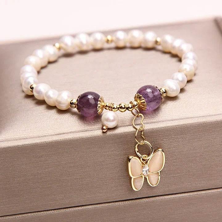 Freshwater Pearl & Strawberry Quartz Butterfly Bracelet - ZA-Zola