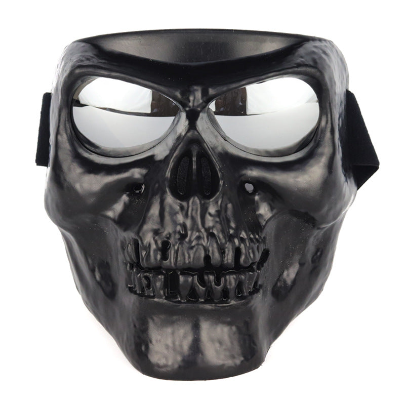 Black skull mask with reflective eyes on a white background