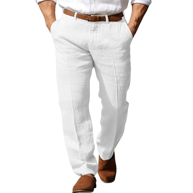 White pants worn by a person on a white background