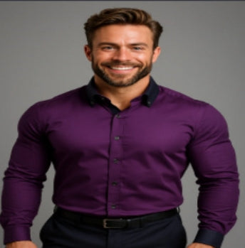 Man wearing a purple shirt with a gray background