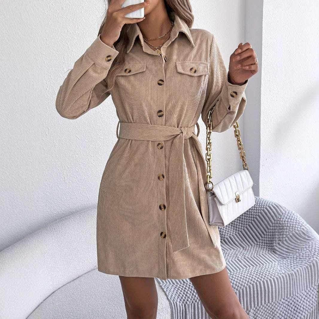 Corduroy Shirt Dress with Belt – Fall Favorite - ZA-Zola