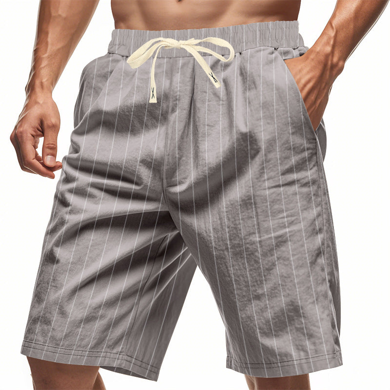 Gray pinstripe shorts with a drawstring on a white background
