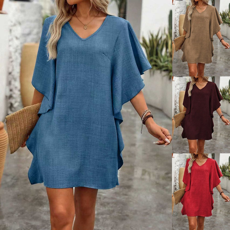 Solid Color Loose Fitting V-Neck Dress with Ruffled Hem – Flowing Mini Pullover Dress