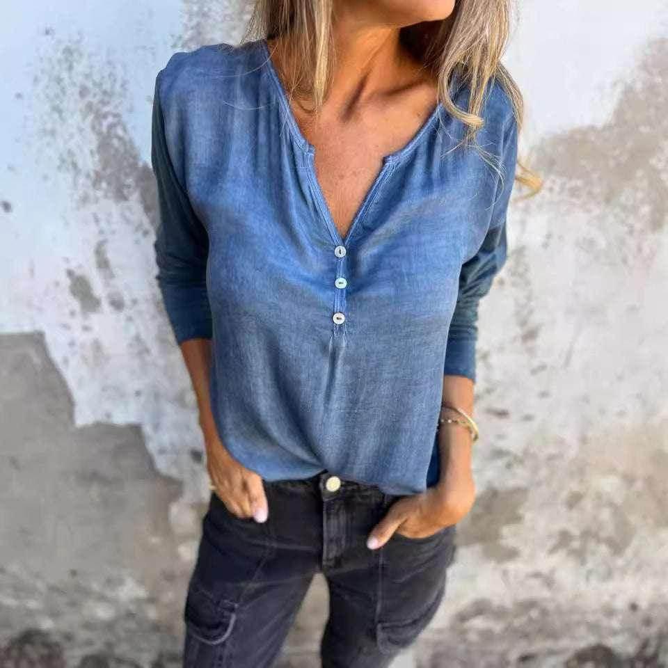 V-Neck Slim Fit Solid Color Long Sleeve Top - ZA-Zola