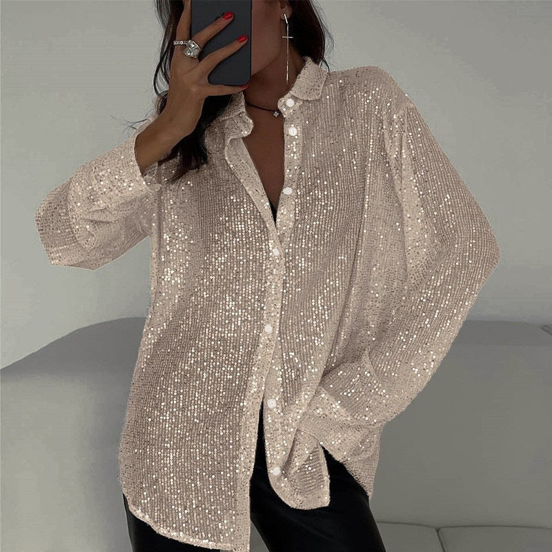 Sequin Lapel Long Sleeve Shirt | Sparkly Loose Top