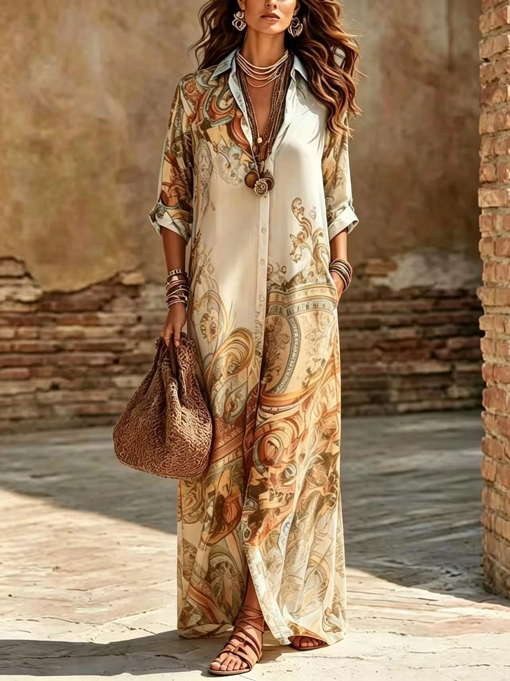 A woman models a bohemian-style maxi shirt dress with a cream base and an intricate paisley pattern in brown, gold, and beige. She is standing outdoors in front of a rustic brick wall, holding a woven straw bag.